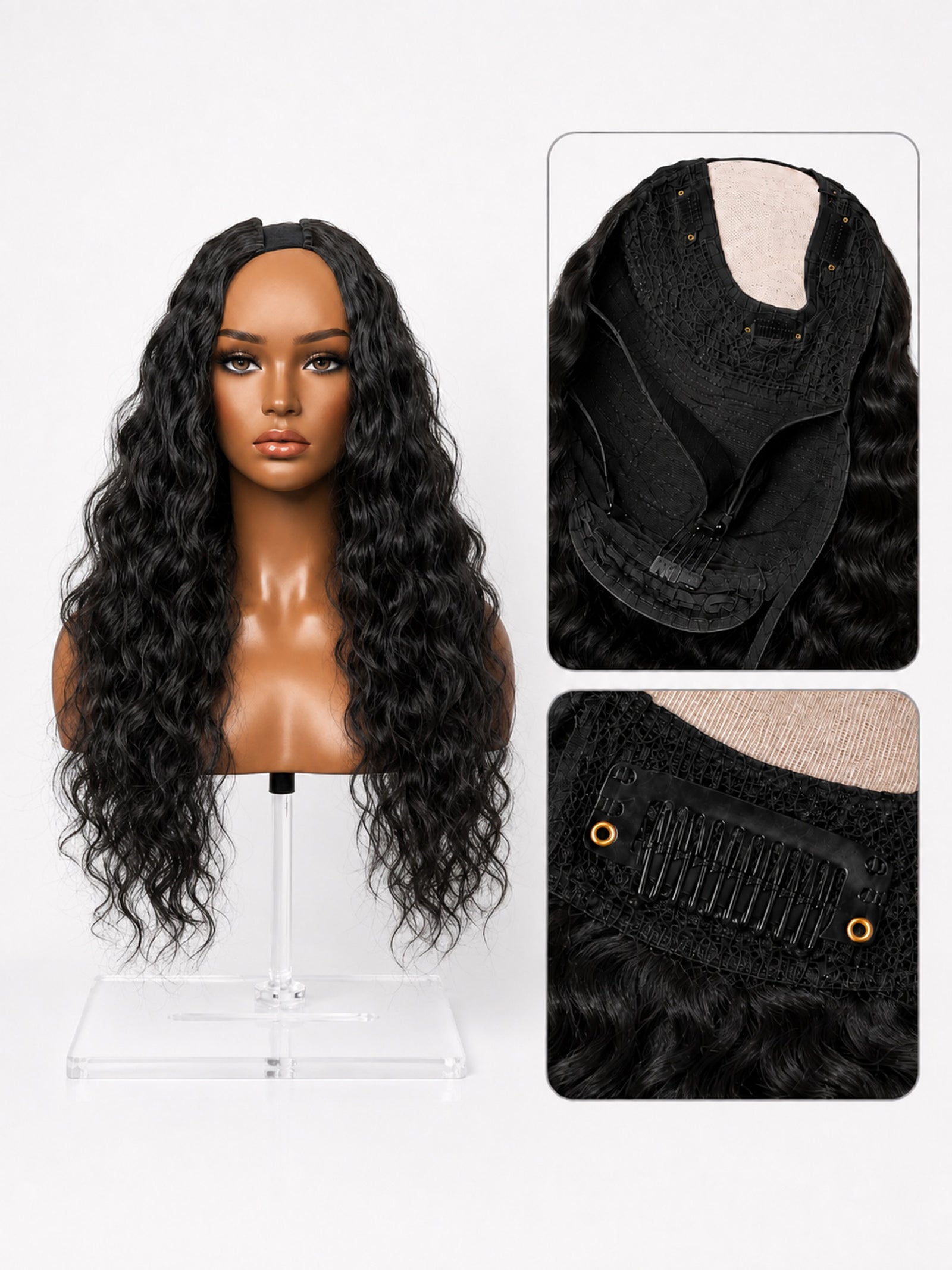 Body wave U-part wig cap with black mesh and beige U-part blending section