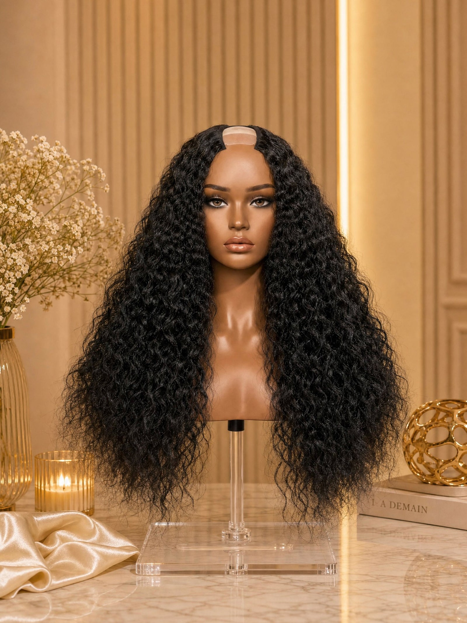 Curly U-part wig on stand with long black curly hair and U-part style