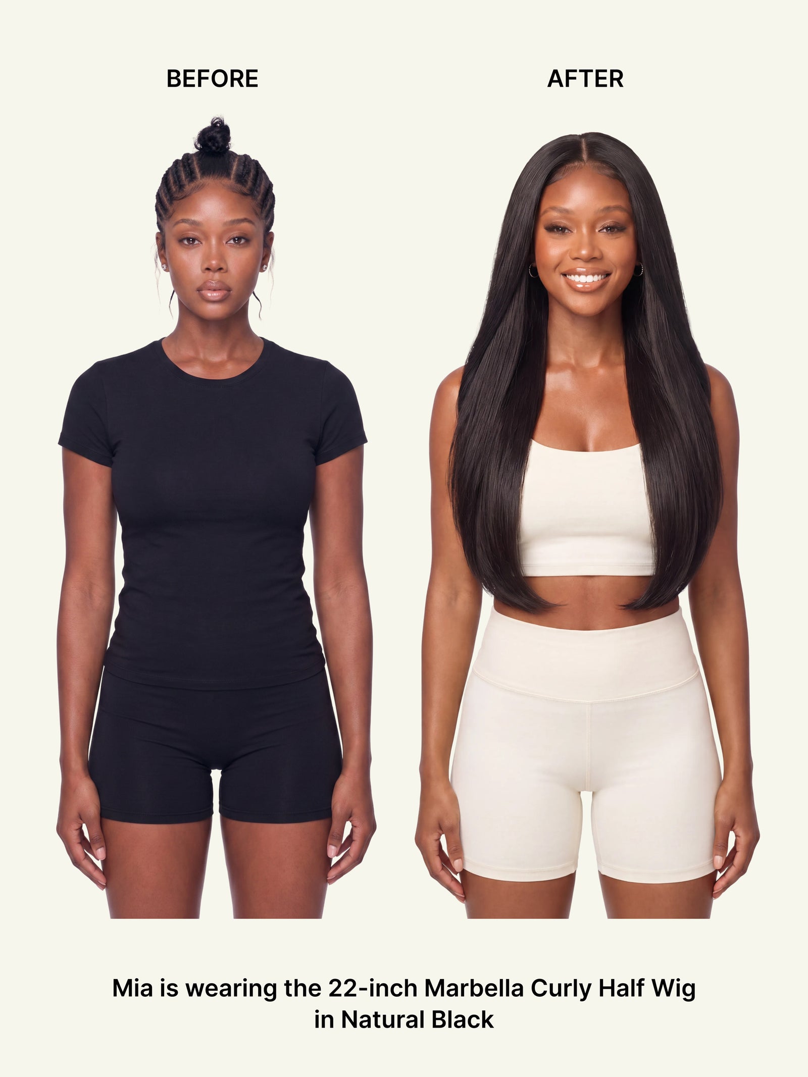 Long straight black U-part wig with defined U-shaped middle part