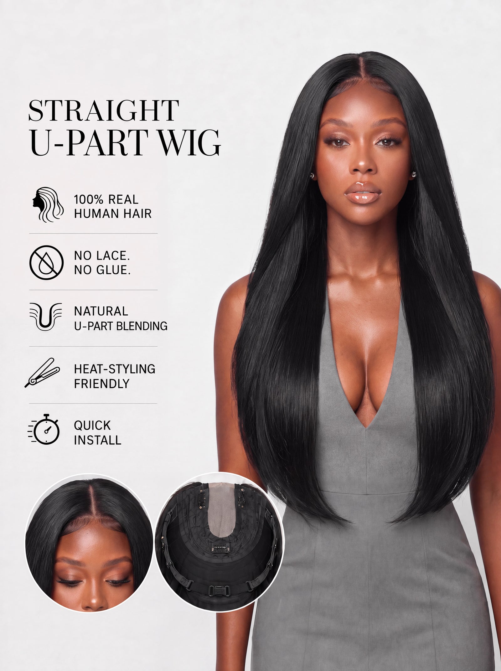 Straight U-part wig with long black hair and natural-looking U-shaped part