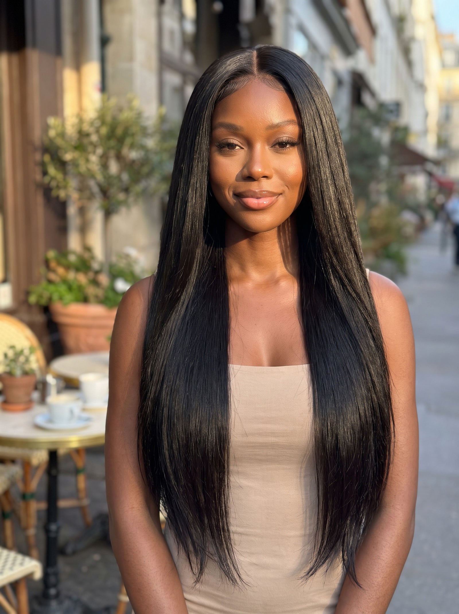 Long straight black U-part wig with sleek hair and defined U-shaped part