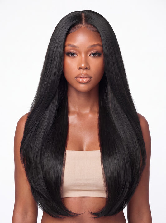 Straight black U-part wig with glossy long layers and natural-looking middle part