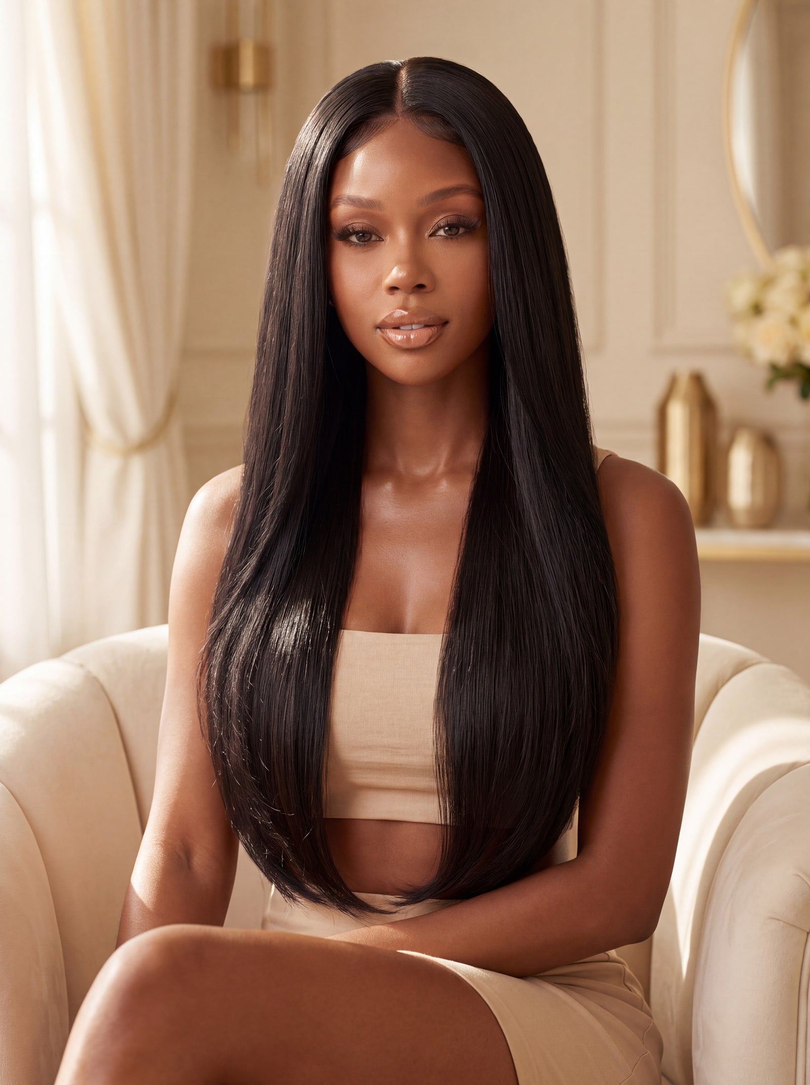 Straight black U-part wig with sleek long hair and center U-shaped part