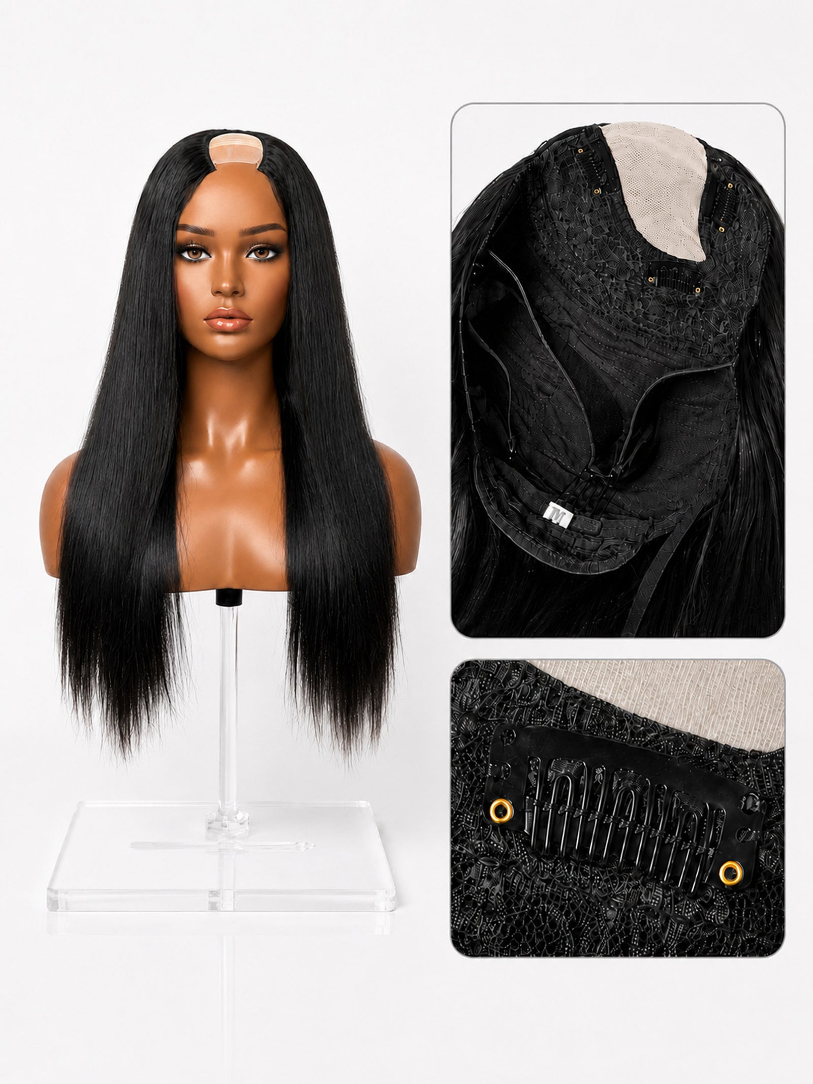 Straight black U-part wig cap with U-shaped opening and adjustable straps