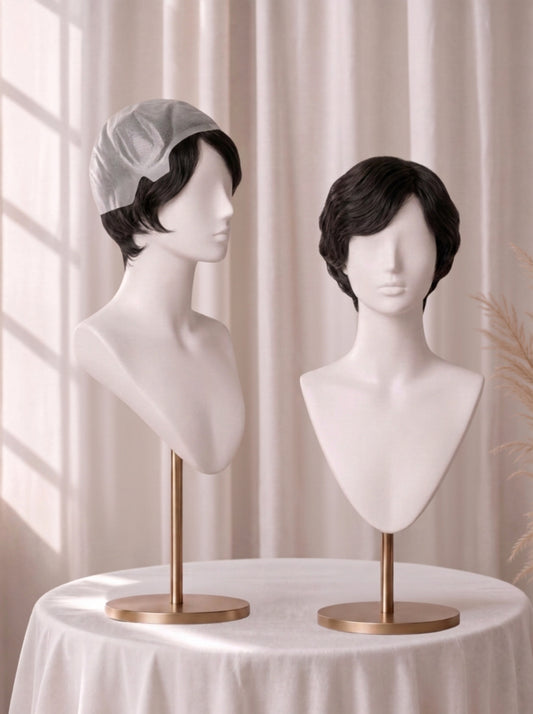 Short dark medical wig on two mannequin heads, side-swept bob style, dark shade.