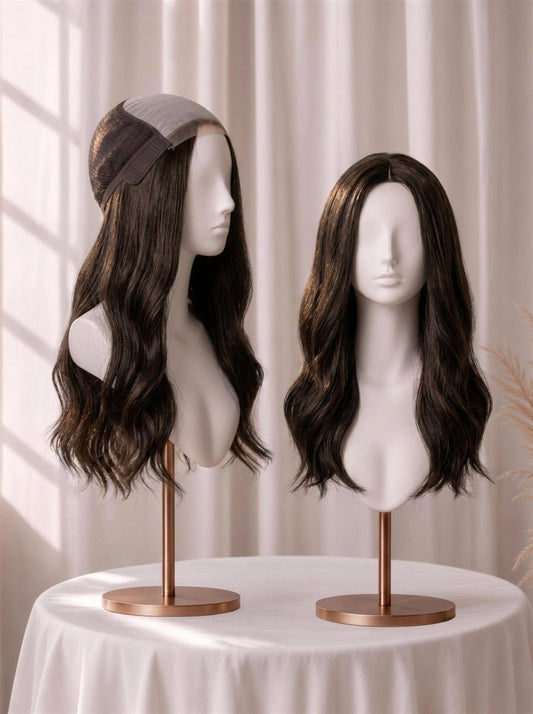 Two long wavy wigs on stands with dark brown shades and natural hairlines.
