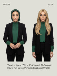 4x4 Silk Top with Flower Net Cover and Wefted Sides & Back Sheitel Jewish Wig