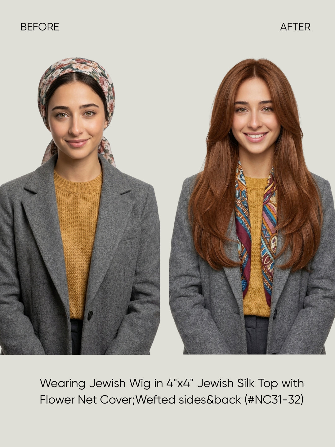 4x4 Silk Top with Flower Net Cover and Wefted Sides & Back Sheitel Jewish Wig