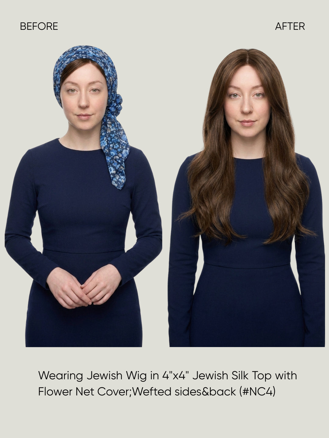 4x4 Silk Top with Flower Net Cover and Wefted Sides & Back Sheitel Jewish Wig