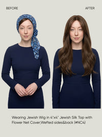 4x4 Silk Top with Flower Net Cover and Wefted Sides & Back Sheitel Jewish Wig