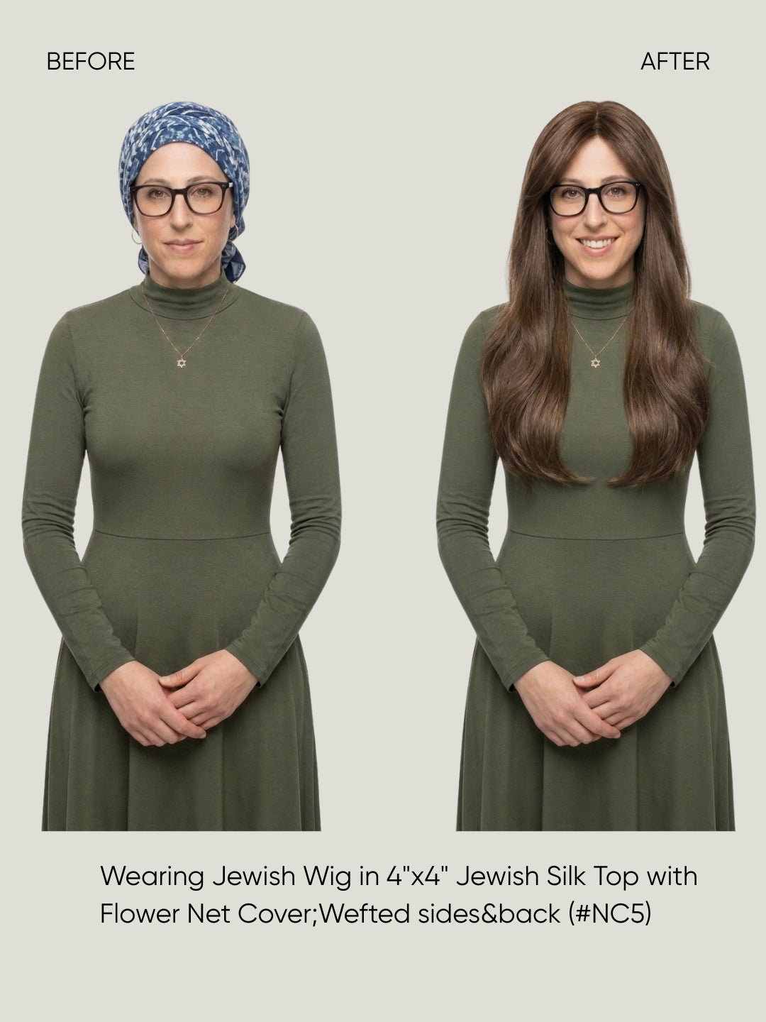 4x4 Silk Top with Flower Net Cover and Wefted Sides & Back Sheitel Jewish Wig
