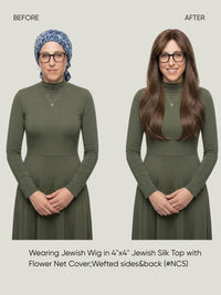 4x4 Silk Top with Flower Net Cover and Wefted Sides & Back Sheitel Jewish Wig
