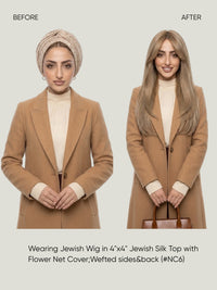 4x4 Silk Top with Flower Net Cover and Wefted Sides & Back Sheitel Jewish Wig