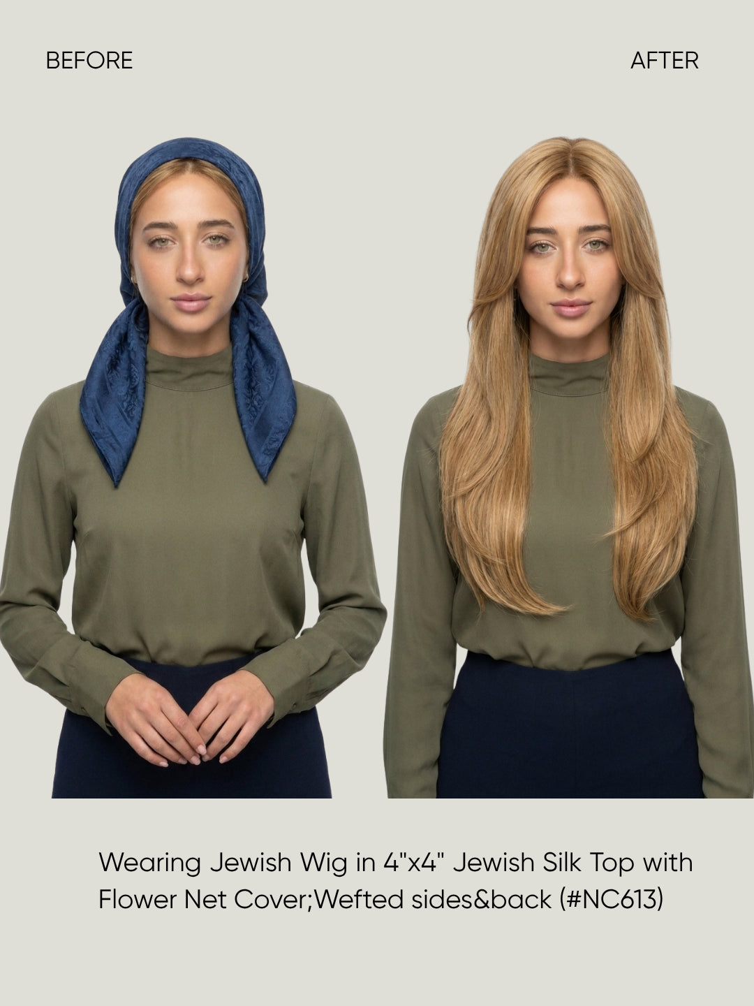 4x4 Silk Top with Flower Net Cover and Wefted Sides & Back Sheitel Jewish Wig