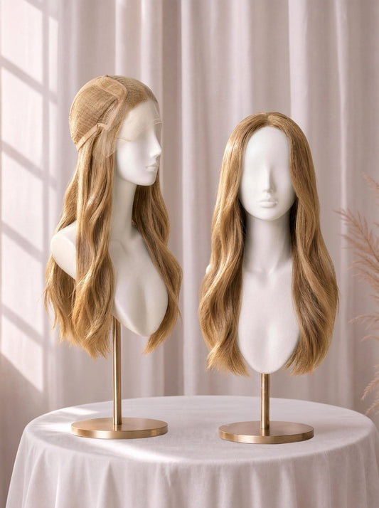 Long straight blonde lace-front wig on stands, side and back views