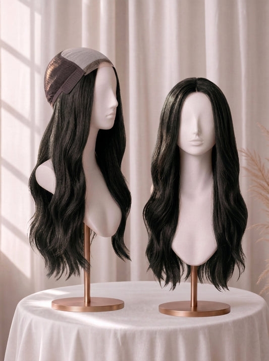 Mono top French lace medical wig, long black wig on stand with side part