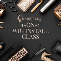 Wig install class promotional card with title text and hairstyling tools