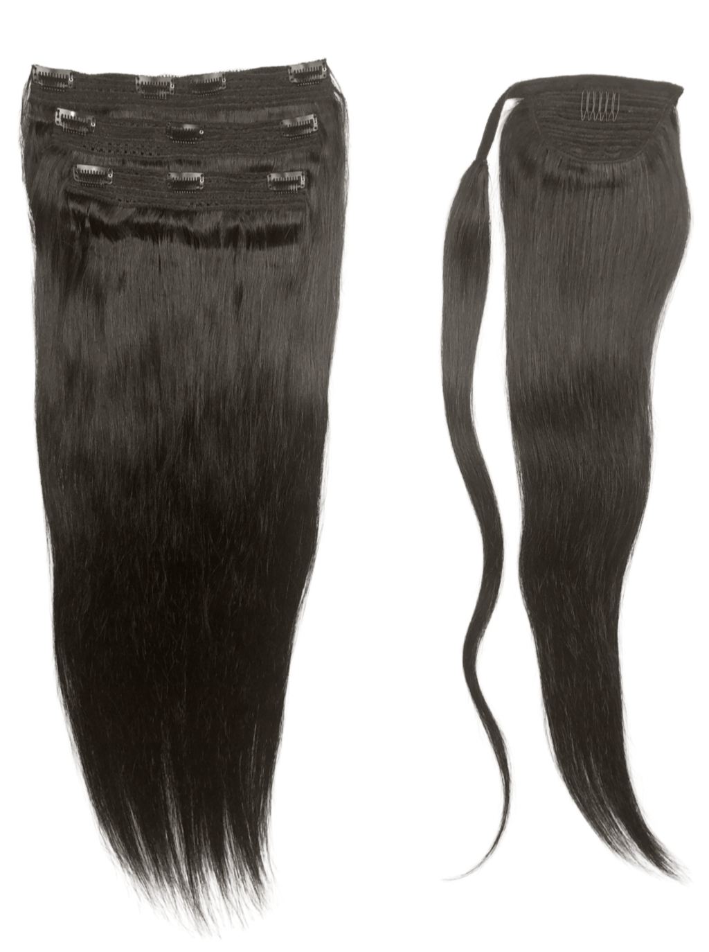 Straight half up half down ponytail hair extension, long dark straight hair with wefts