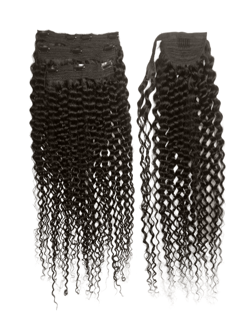 Curly half up half down ponytail hair extension in dark, tightly curled texture
