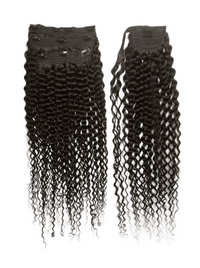 Curly half up half down ponytail hair extension in dark, tightly curled texture