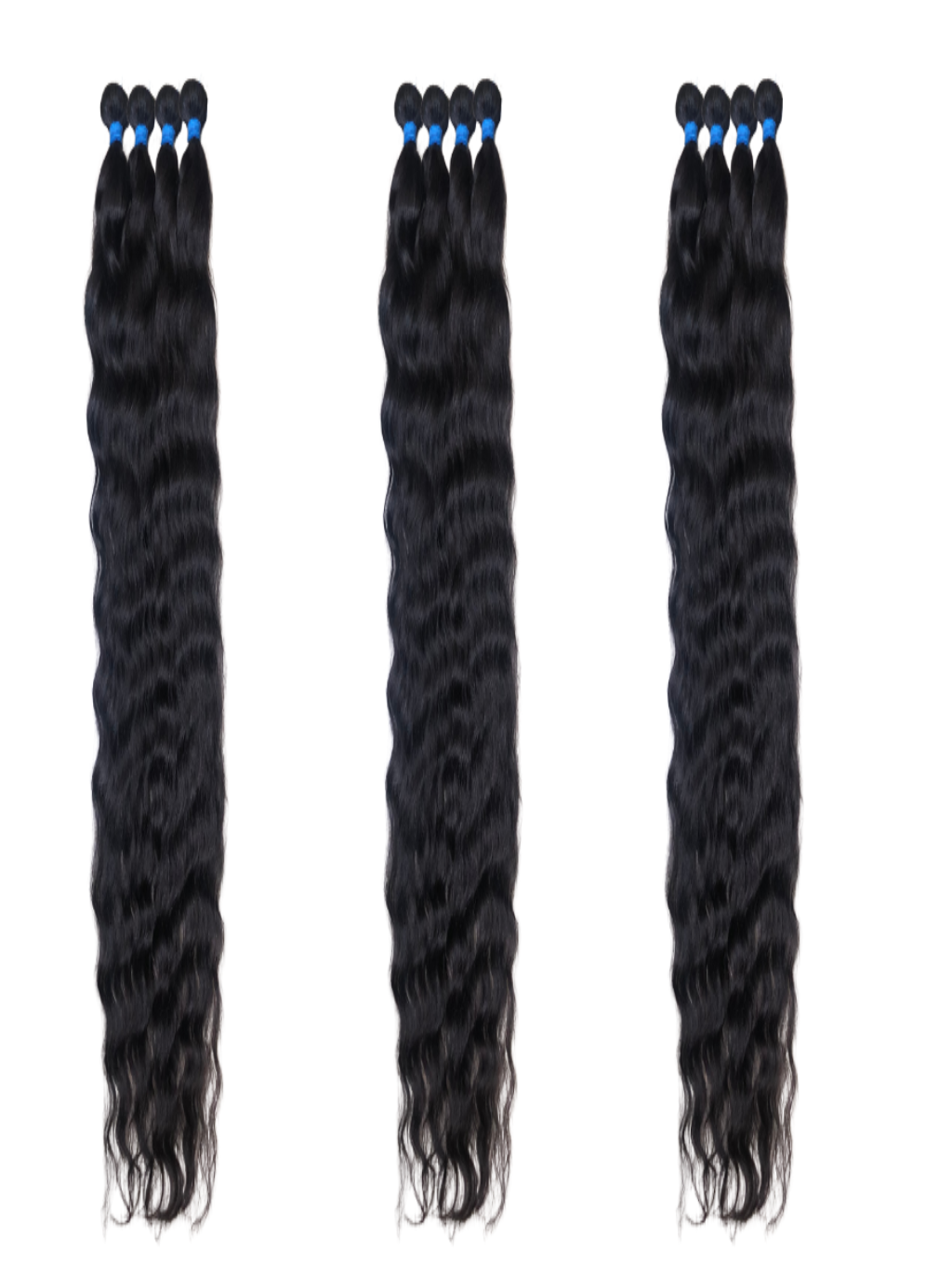 Long Brazilian hair bundles with dark wavy strands, three wefts