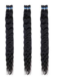 Long Brazilian hair bundles with dark wavy strands, three wefts