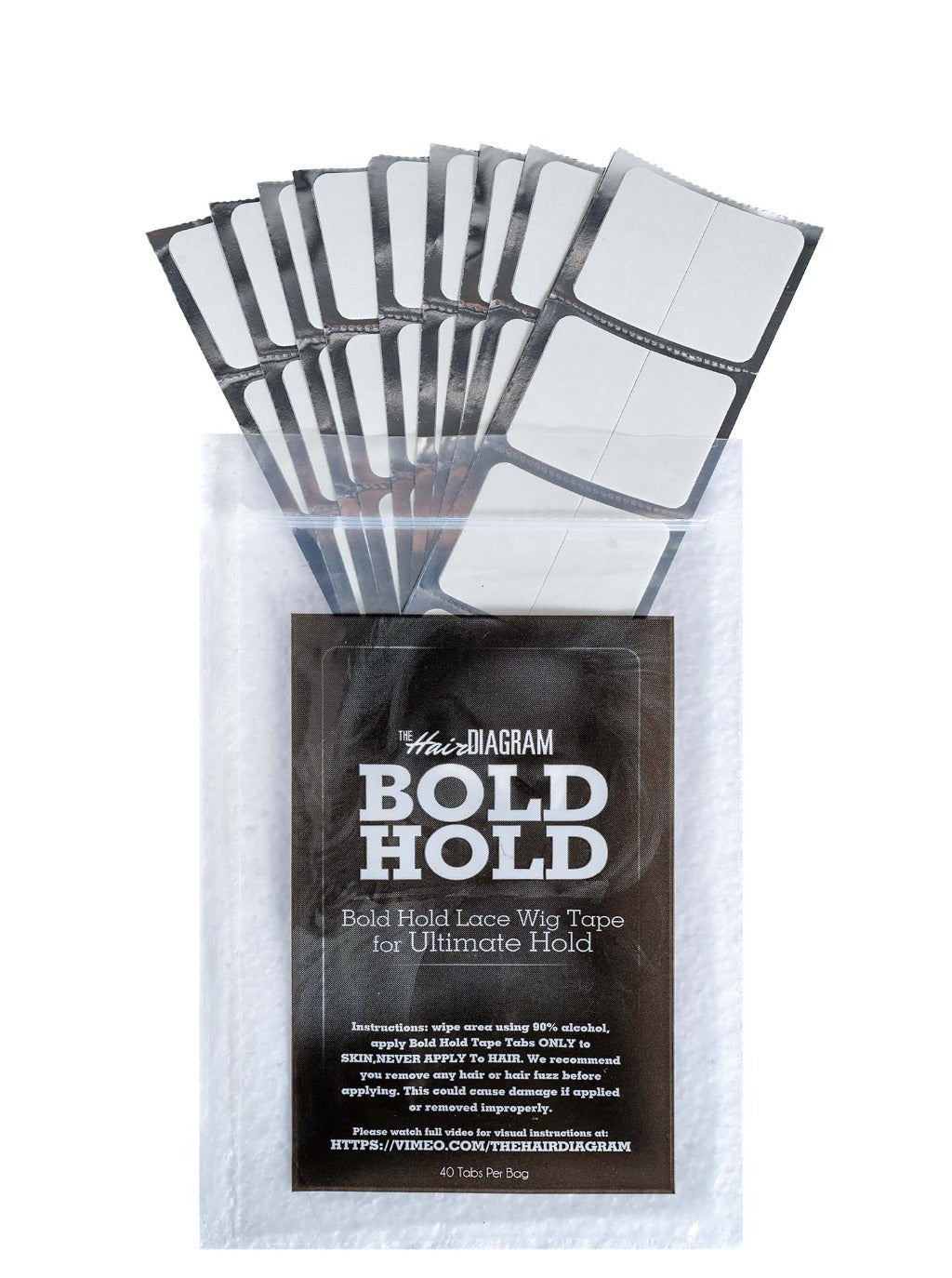 Lace wig tape strips in foil packets for secure lace wig bonding