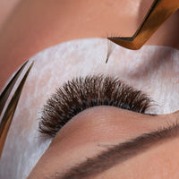 Eyelash extension application close-up with lashes being set