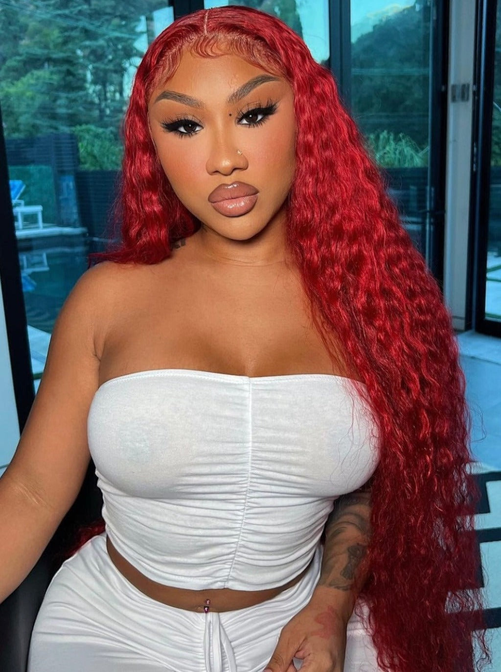 Red lace wig with long wavy hair, side part