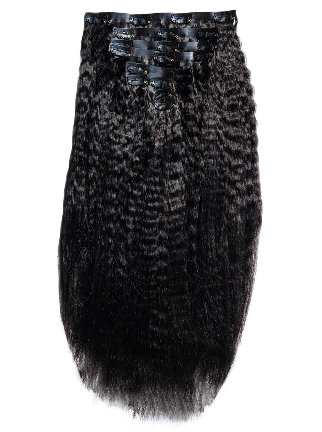 Kinky straight clip-in hair extensions in dark tone, with visible row clips at top