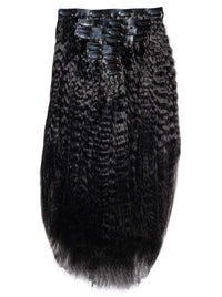 Kinky straight clip-in hair extensions in dark tone, with visible row clips at top