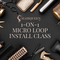 HairQueen LA 1-on-1 Micro Loop Install Class promotional graphic with tools