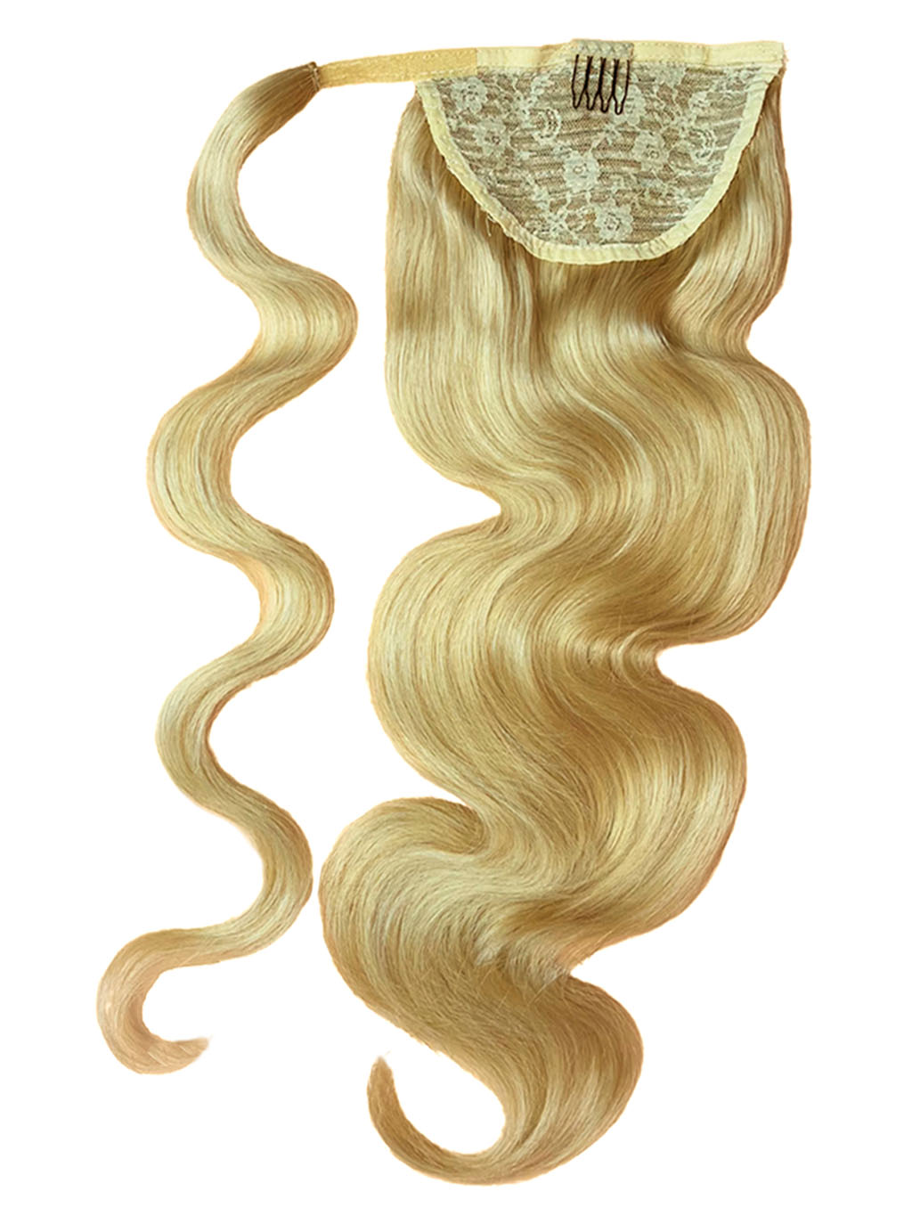 Platinum blonde wrap ponytail hairpiece with long loose waves