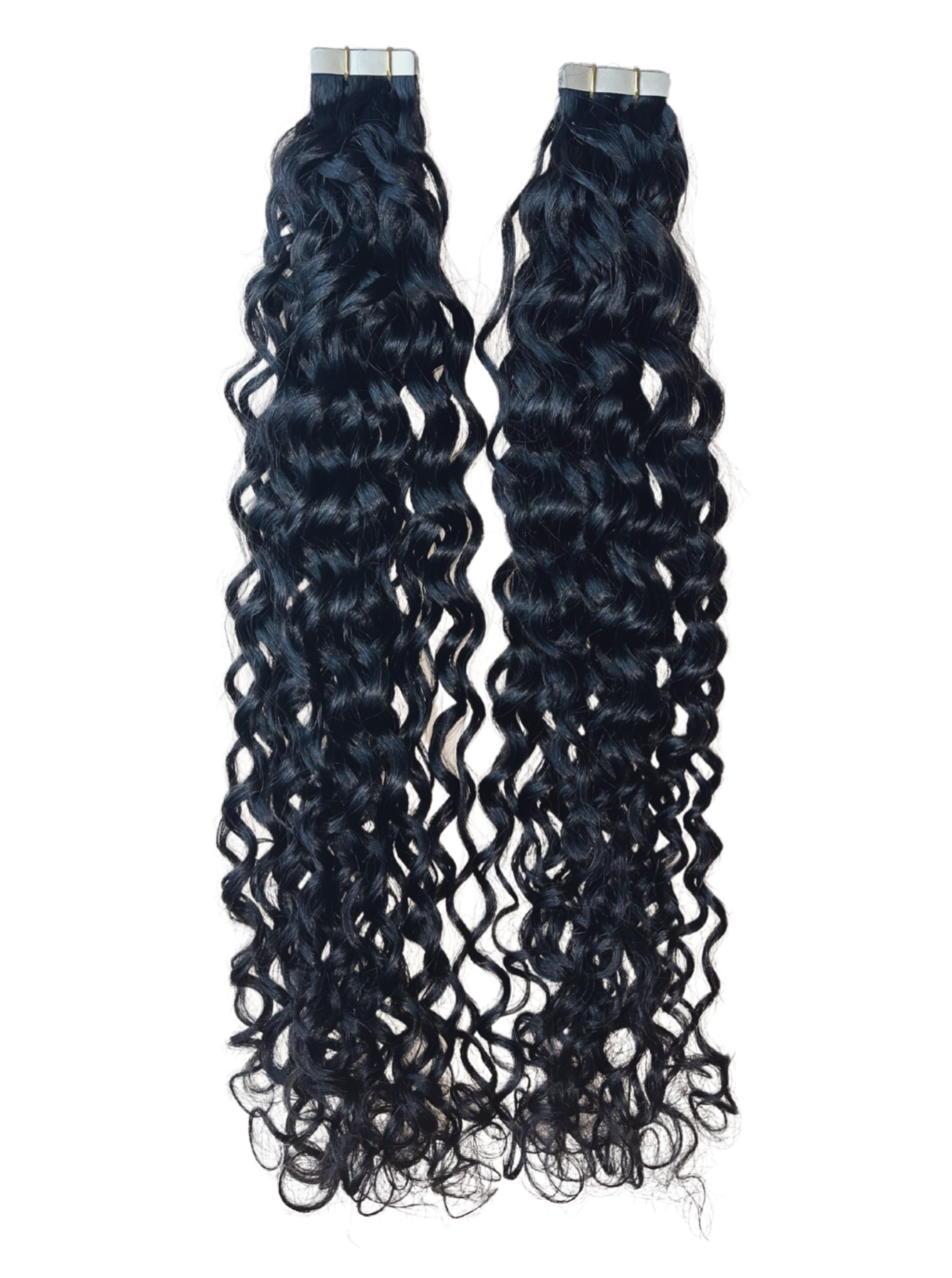 Tape-in hair extensions, dark wavy curls, two bundles