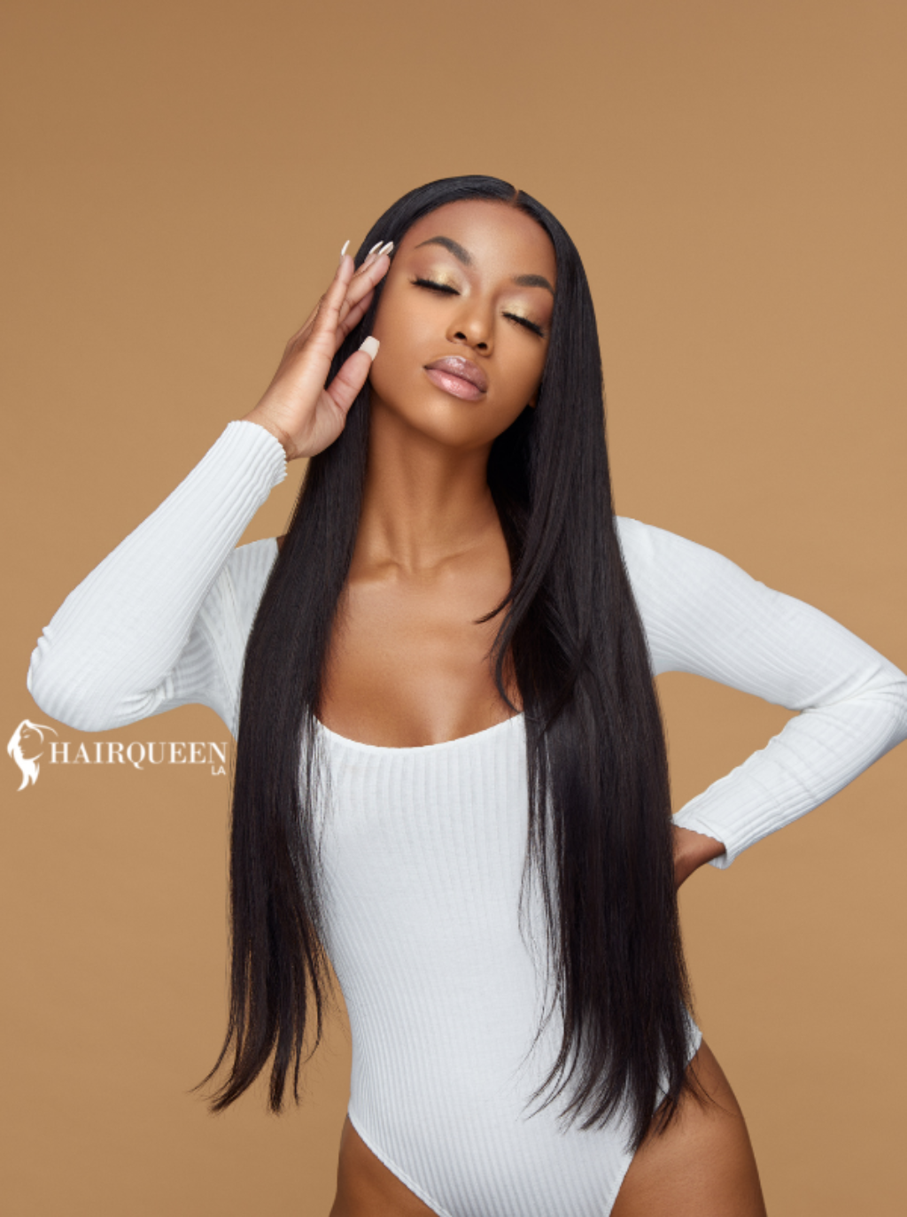 Lace wig with long straight dark hair, center-parted, full coverage look