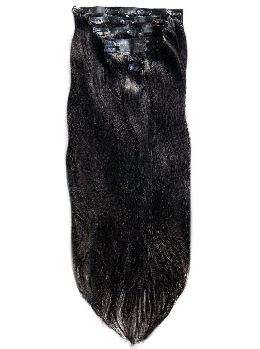 Straight clip-in hair extensions with dark long straight strands and attached clips