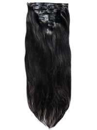 Straight clip-in hair extensions with dark long straight strands and attached clips