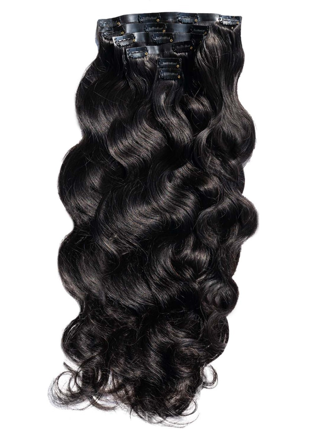 Body wave clip-in extensions, dark wavy black hair piece with clips