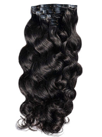Body wave clip-in extensions, dark wavy black hair piece with clips