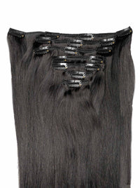 Straight clip-in hair extensions with dark black wefts and metal clips, full length