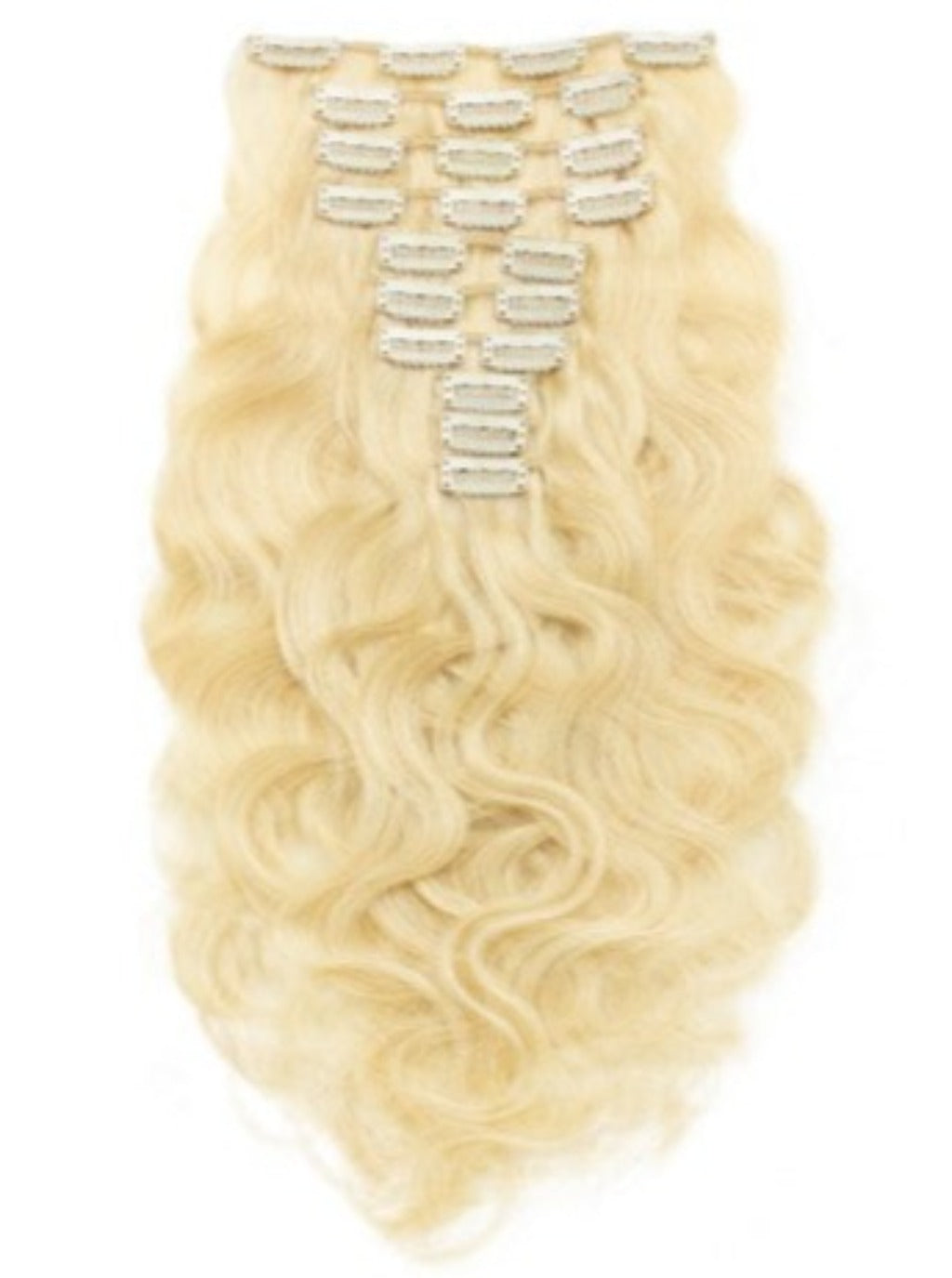 Blonde body wave clip-in extensions with central clip track, long loose curls